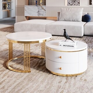 Modern 2 Pieces White Round Nesting Coffee Table with Drawers in 27.6 ...