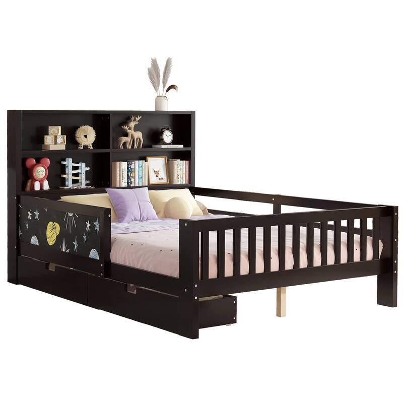 Full Platform Bed with Chalkboard, Solid Wood Platform Bed with Storage Drawers and Shelves, Space-saving Design