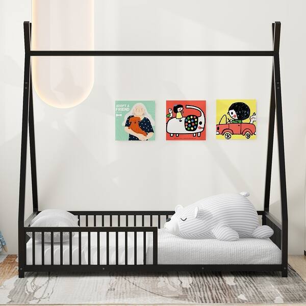 slide 2 of 40, Metal House Platform Bed with Triangle Structure and Guardrail Black - Twin