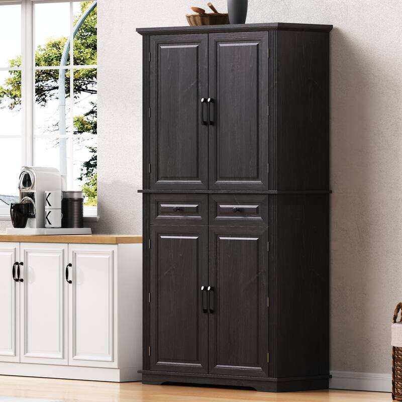 Kitchen Pantry Cabinet with 3 Pull Out Trays, Freestanding Buffet Cabinet with Adjustable Shelves, 2 Door Organizers & 2 Drawers