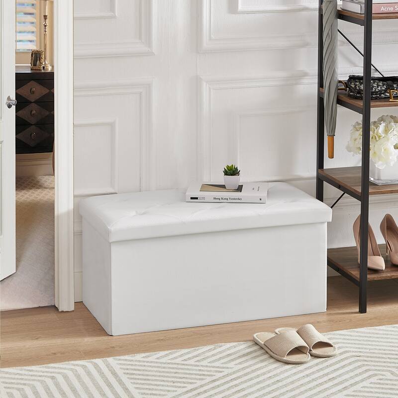 2 PC Storage Folding Ottoman, Storage Footrest Stool, Faux Leather Storage Bench Cube with Padded Seat for Small Space