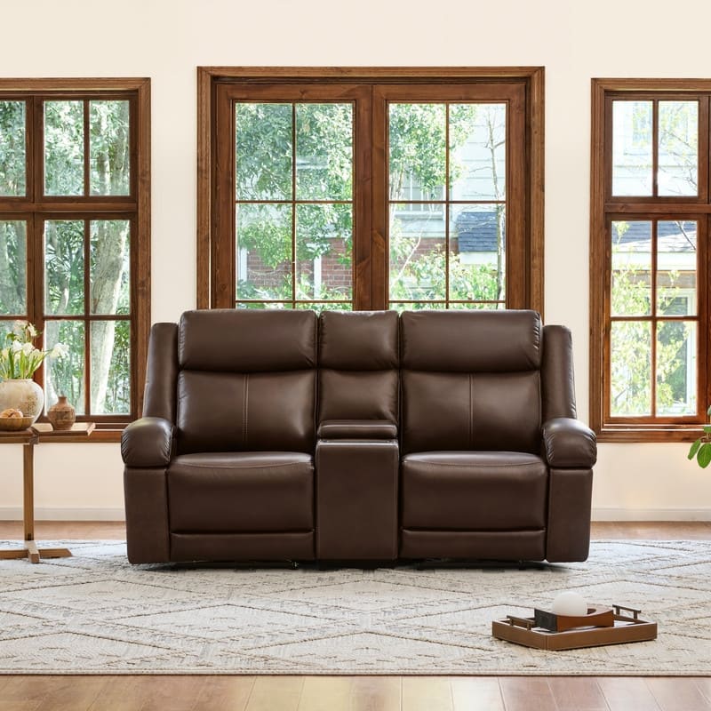 Spruce & Spring Hadlee Genuine leather Reclining Sofa with Multi-Function Console. - 2PC+Console - Brown
