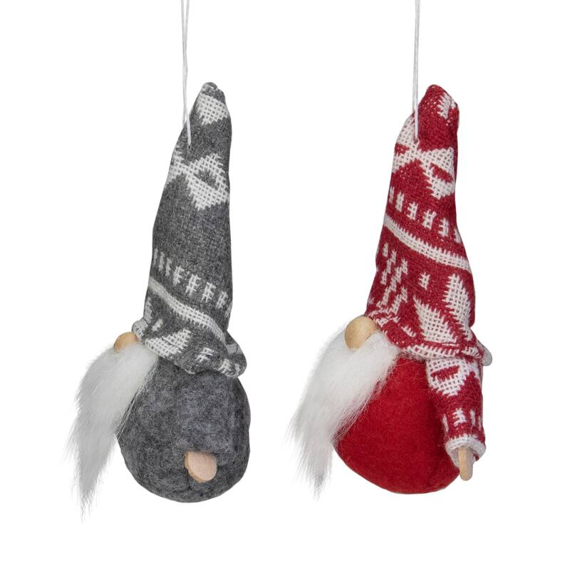 Santa Gnome Hanging Christmas Ornaments - 4" - Gray and Red - Set of 2