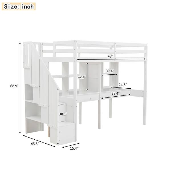 dimension image slide 1 of 2, Twin Size Solid Wood Loft Bed with Storage Staircase and Double Desks and Shelves