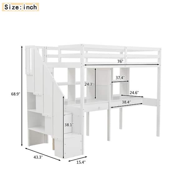 White Twin Size Solid Wood Loft Bed with Storage Staircase and Desks
