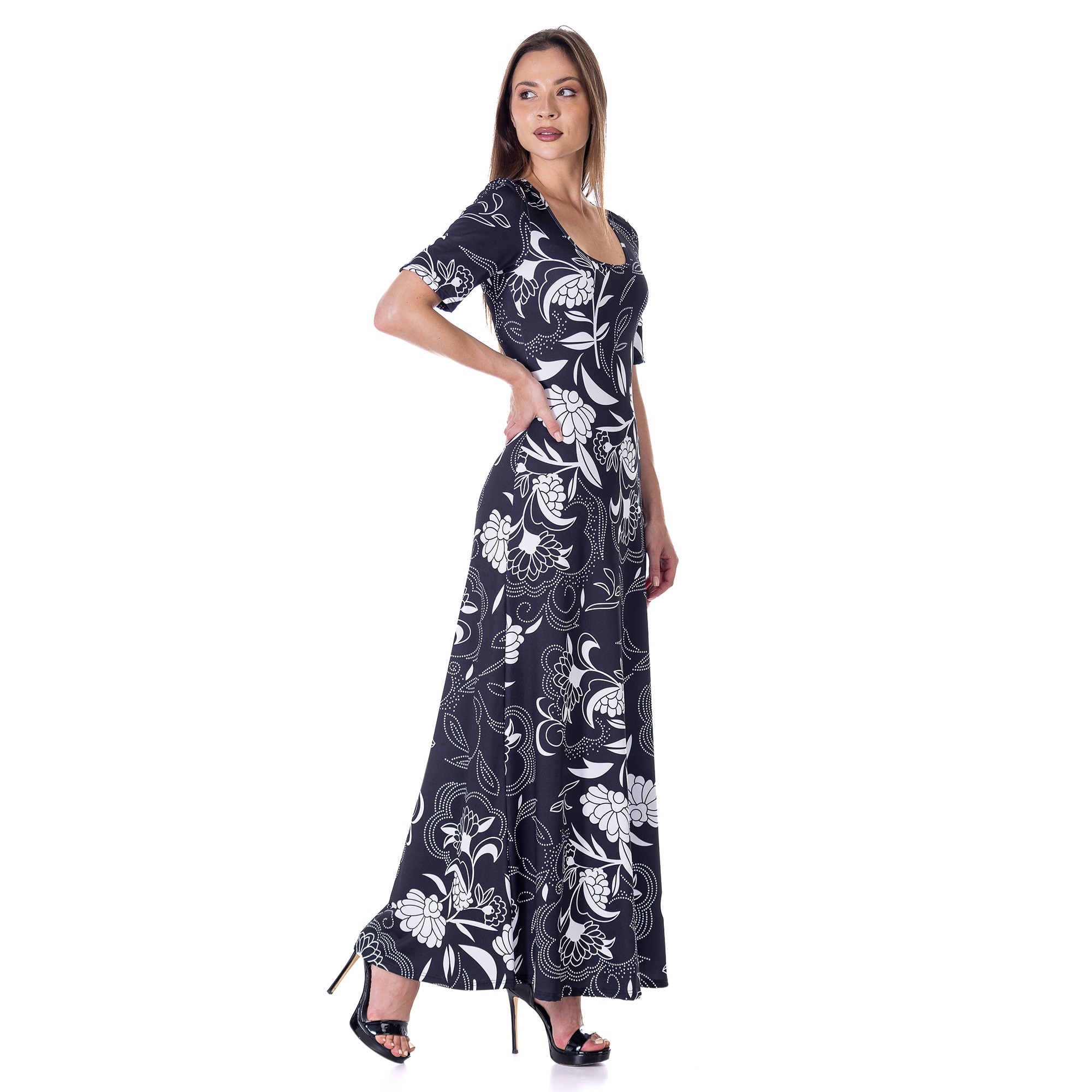 24seven Comfort Apparel Womens Black and White Elbow Sleeve Casual A Line Maxi Dress-Multicolor-S