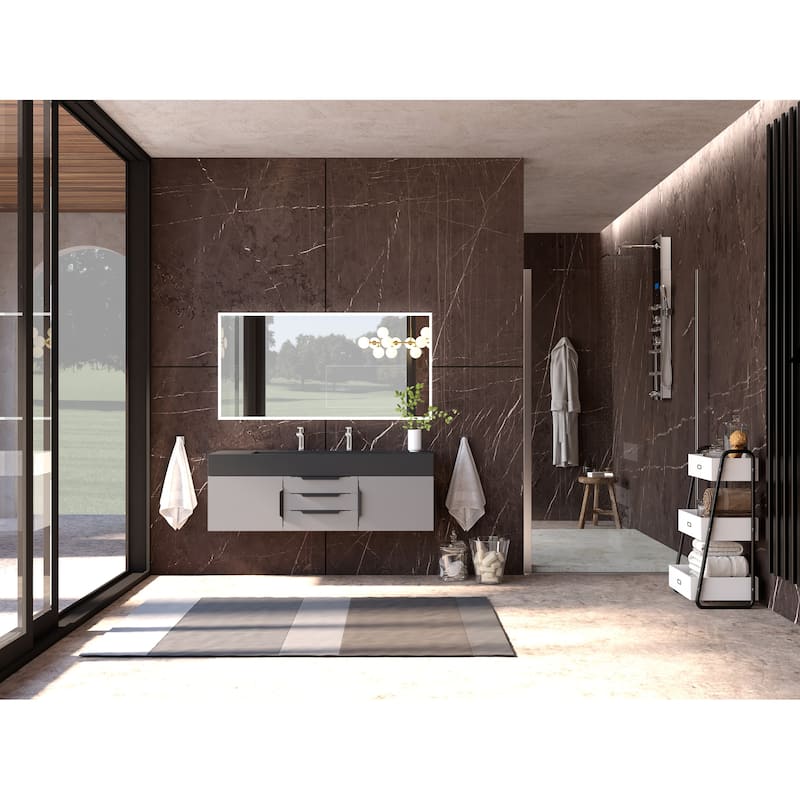 Nile 60" Wall Mounted Bathroom Vanity Set w/ Black Top