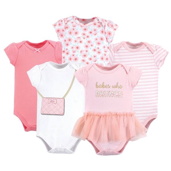slide 1 of 1, Little Treasure Baby Girl Cotton Bodysuits 5pk, Brunch 0-3 Months - Brunch Short-Sleeve