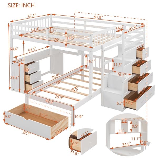 Elegant Twin over Full Bunk Bed with Desk, Drawers and Shelves