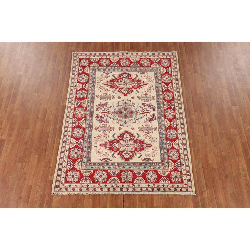 Beige / Ivory Kazak Area Rug Hand-Knotted Wool Carpet - 5'1" x 6'11"