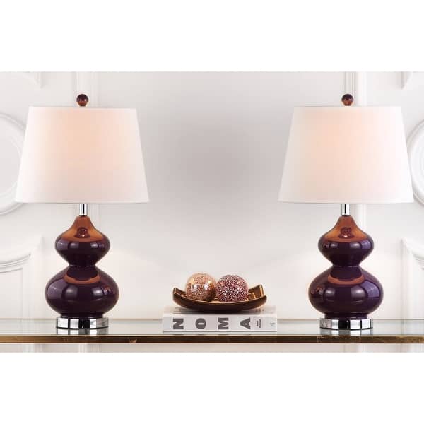 slide 1 of 9, SAFAVIEH Lighting 24-inch Eva Double Gourd Glass Dark Purple Table Lamp (Set of 2) - 14"x14"x24"