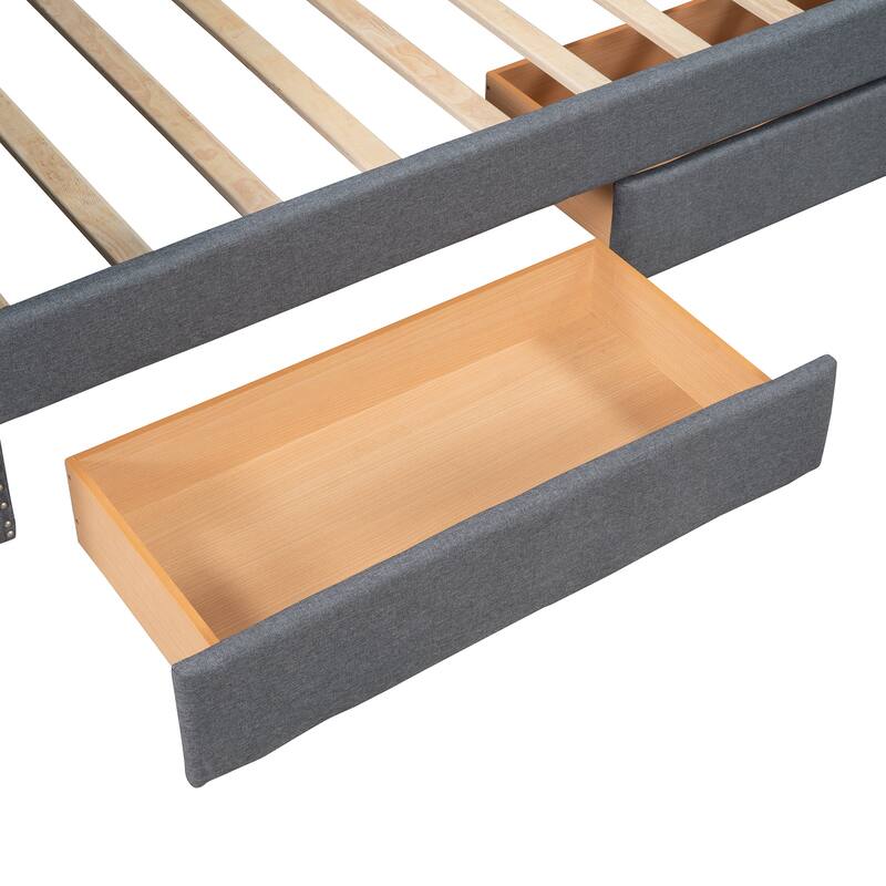Twin Size Upholstered Daybed with Two Storage Drawers, Tufted Sofa Bed w/Nailhead Trim and Wood Slat Support, Gray