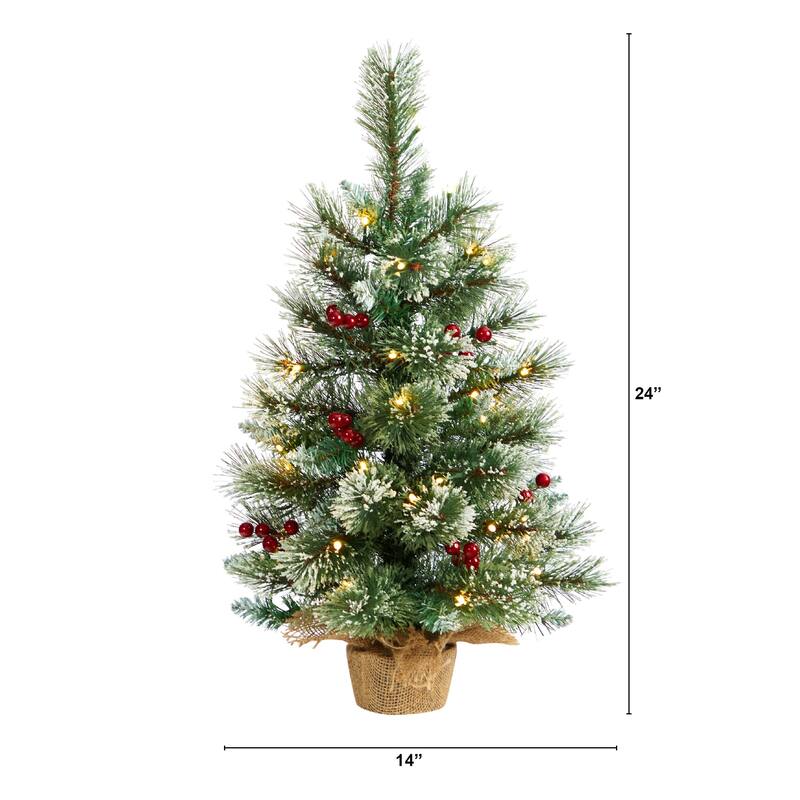 2ft. Snow Tipped Pine & Berry Artificial Christmas Tree with 35 Warm White LED Lights in Burlap Base - Rustic X-Mas Accent