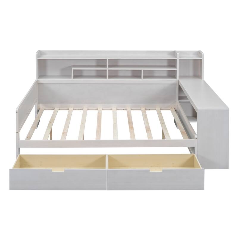 Wooden Daybed with Storage Shelves with Two Storage Drawers and Study Desk