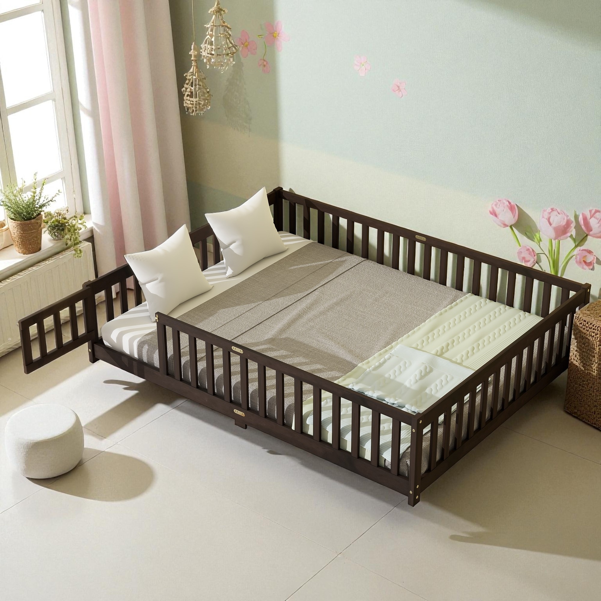 Queen Size Floor Bed with Safety Fence and Door, Wood Platform Bed with Guardrails and Slats, No Box Spring Required