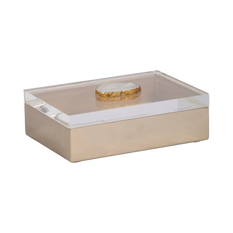 Decorative Box with Lid & Agate Stone Knob - 7", Gold & White - 7.0"