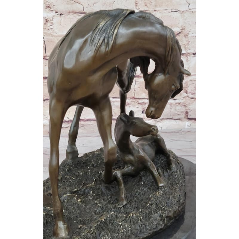 Horses Mare W/Foal Horse Bronze Sculpture Wild Farm Animal Marble Base