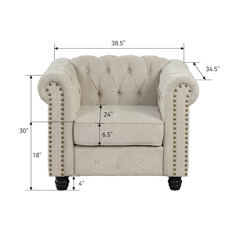 Morden Fort Linen Chesterfield Club Accent Chair,Button Tufted Upholstered Armchair with Nailhead and Solid Wood Legs