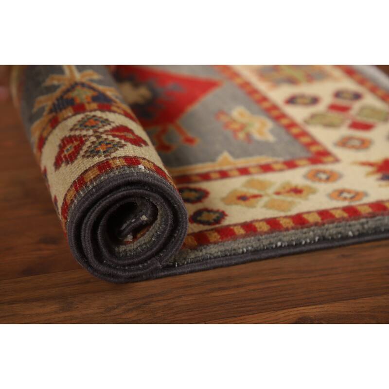 Gray Geometric Kazak Oriental Foyer Rug Handmade Wool Carpet - 2'0"x 3'0" - 2'0"x 3'0" - Grey