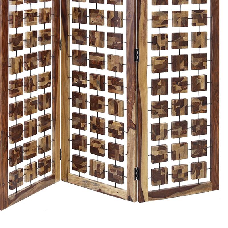Wooden 3 Panel Room Divider with Interconnected Square Blocks, Brown