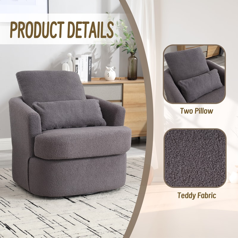 Swivel Barrel Chair with 2 Pillows, Teddy Fabric Upholstered Club Chair, Lounge Sofa Chair with Round Armrests & Backrest