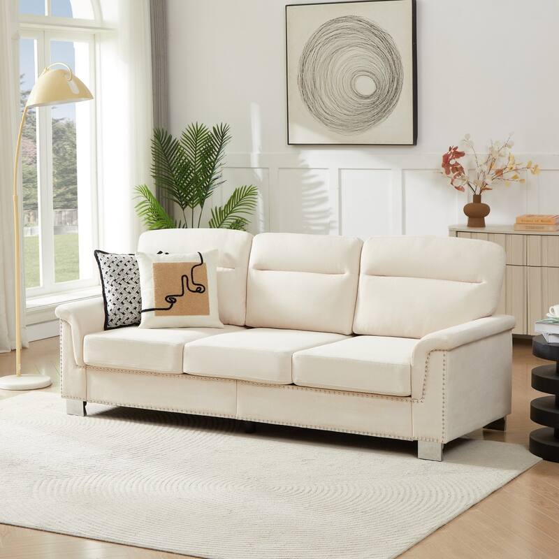 84.2" Modern Snowfleece Fabric 3-Seater Sofa with Nailhead Trim