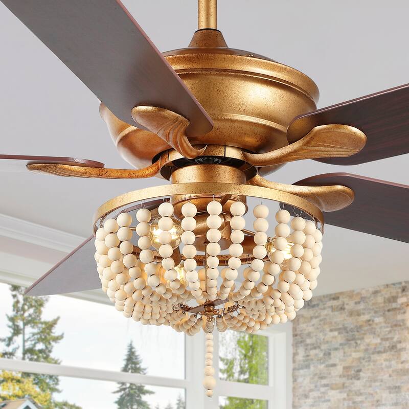 Quinn 52" 3-Light Rustic Farmhouse Iron/Wood Bead Mobile-App/Remote-Controlled LED Ceiling Fan, by JONATHAN Y