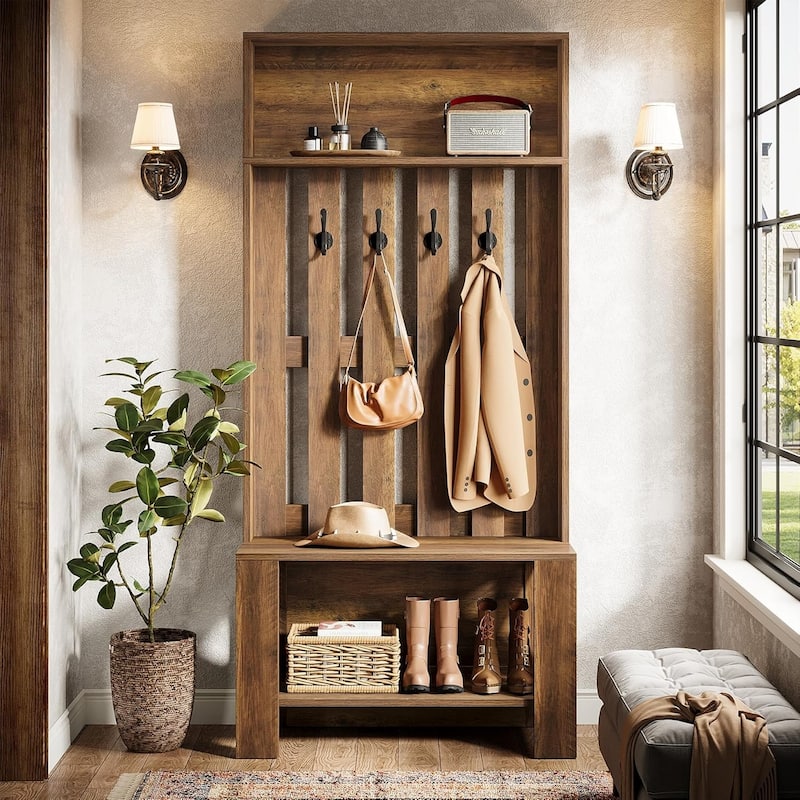 70.8" Tall Freestanding Coat Rack with Shoe Bench and Hooks, Narrow Hall Tree Organizer for Entryway, Hallway