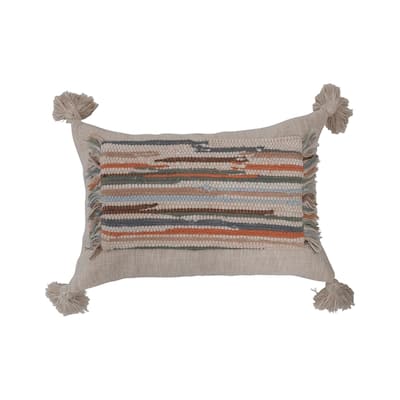 Woven Cotton Slub Lumbar Pillow with Applique, Fringe and Tassels