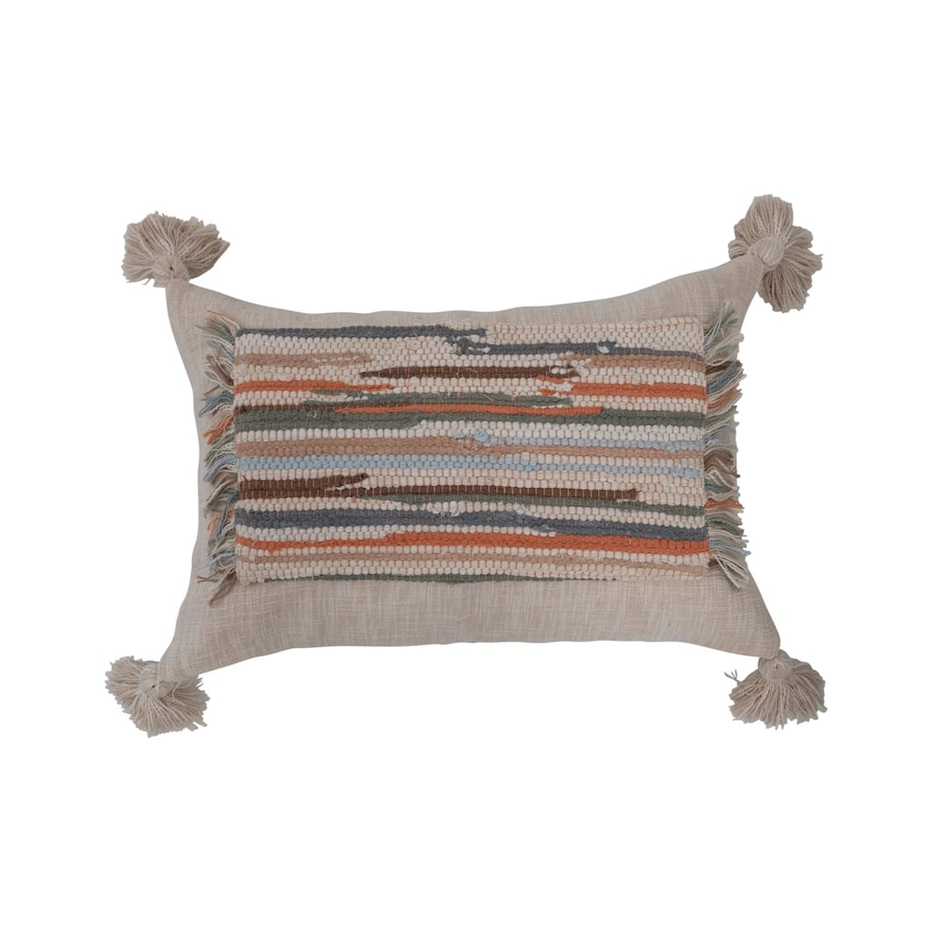 Woven Cotton Slub Lumbar Pillow with Applique, Fringe and Tassels