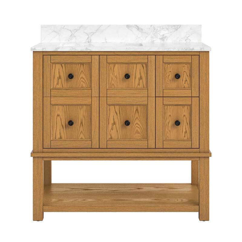 48 Inch Single Bathroom Vanity with 6 Drawers, Marble Top Bathroom Vanity with Sink in White