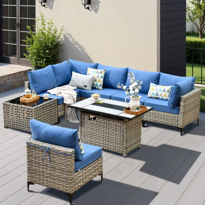 XIZZI 8-Piece Outdoor Wicker Furniture Sectional Set with Firepit
