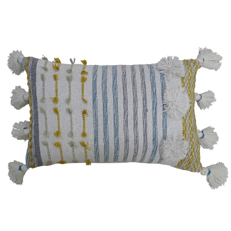 Vibhsa Designer Striped Pillow with Large Poms and Tassels 14"x20"