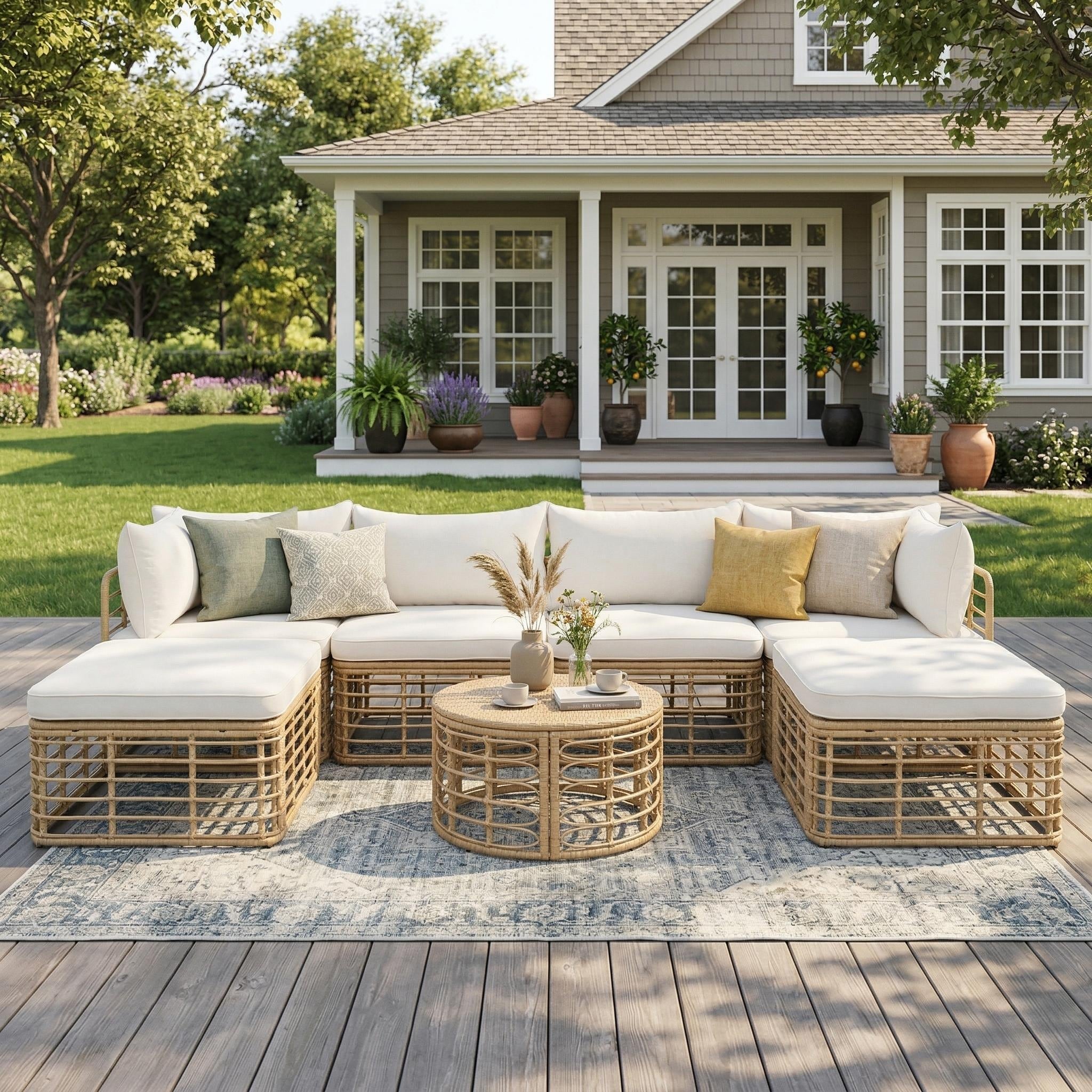 7 Pieces Outdoor Patio Furniture, All-Weather Rattan Sectional Sofa Set with Thick Cushions and Pillows, Freely Combined