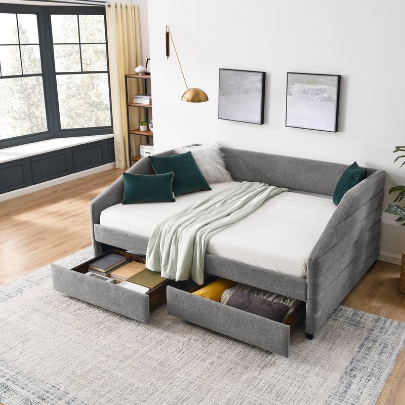 Trundle Upholstered Tufted Daybed Sofa Bed with Two Drawers Linen Fabric