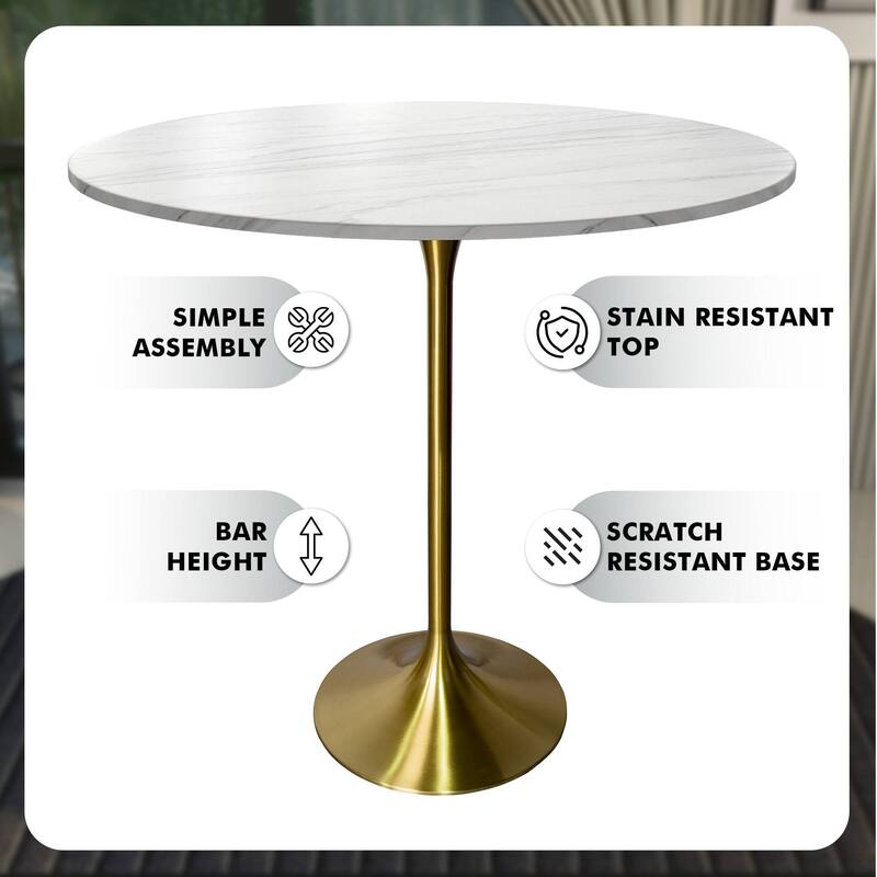 LeisureMod Verve 48" Round Bar Dining Table with Sintered Stone TableTop and Brushed Gold Base for Kitchen & Dining Room