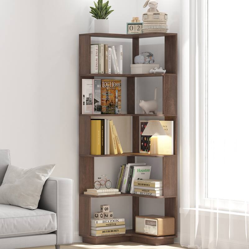 6-Tier L-Shaped Corner Bookshelf, Freestanding Wooden Bookcase with Anti-Drop Panel & Anti-Tip Device - Dark Brown