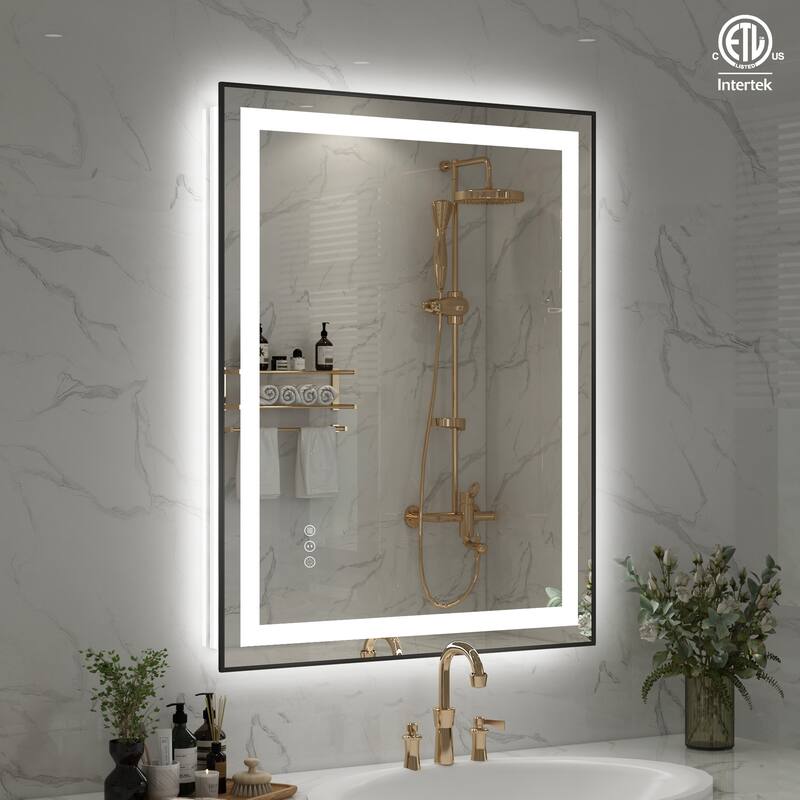 QuivaraView Aluminum front light and backlit LED lighted Framed Tempered Glass Bathroom Vanity Wall Mounted Mirror - 28" x 36"