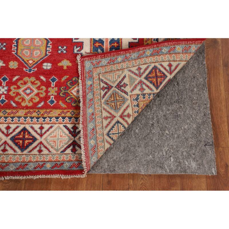Red Geometric Kazak Oriental Accent Rug Hand-Knotted Wool Carpet - 4'3" x 6'0"