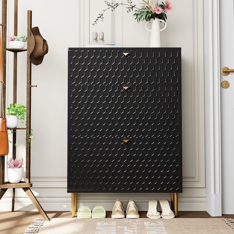 Wood 24 Pairs Shoe Storage Cabinet with 3 Flip Drawers - Black
