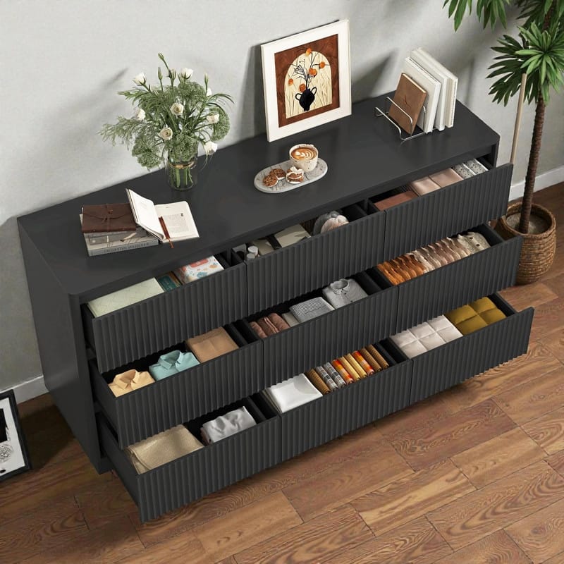 9-Drawer Wide Wood Dresser for Bedroom, 63" Modern Storage Chest, Mid-Century Long Dresser or TV Stand Cabinet