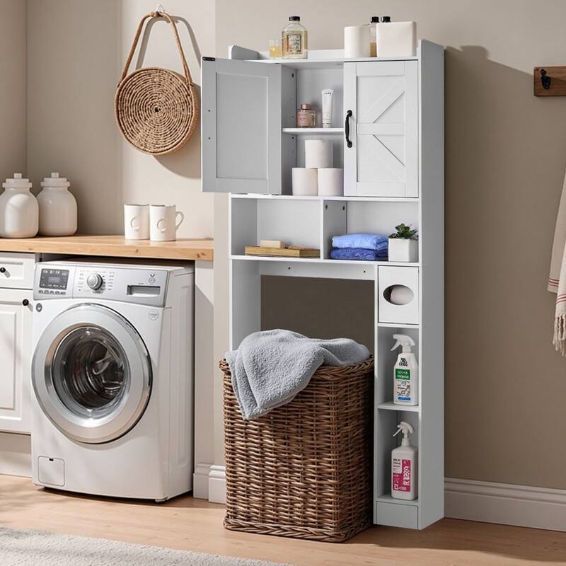 White Particle Board MDF Over Toilet Storage Cabinet with 4-Tier Adjustable Shelves and Anti-Tip - 30.91 x 7.68 x 66.14 in