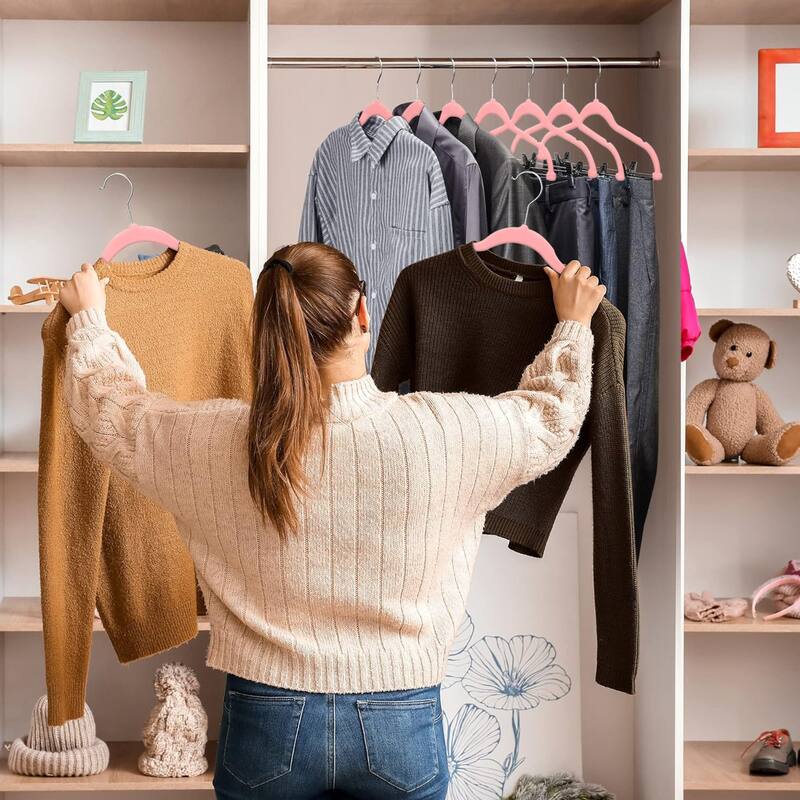 VECELO 20-Pack Pant Hangers (Black/Grey/Pink/Beige/Green) Clothes Hangers Non-slip Space-saving Clothes Hangers