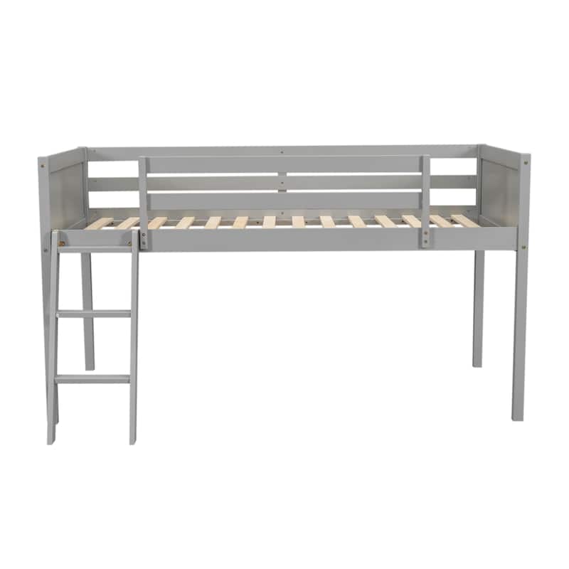 Twin Size Loft Bed with Ladder, Pine Wood Frame, Convertible Ladder Placement, Guardrails, and No Box Spring Required