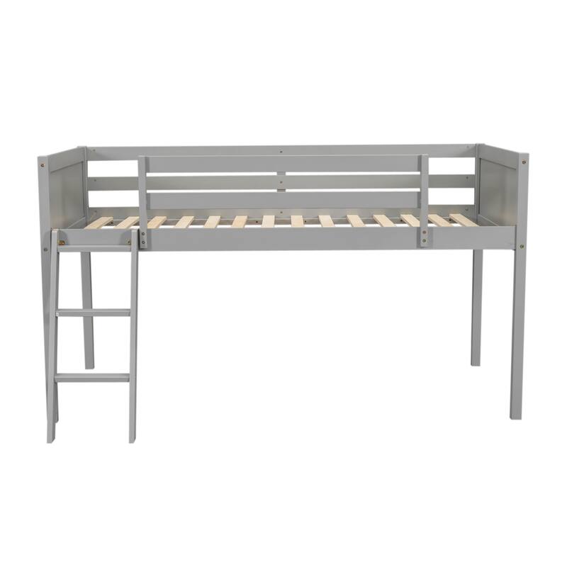 Twin Size Wooden Loft Bed with Adjustable Ladder and Guardrails, Sturdy Pine Frame, Space-Saving Design, Easy Assembly