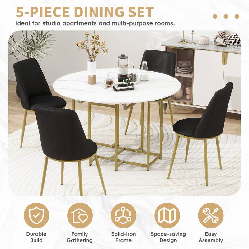 5-Piece Extendable Kitchen Dining Table Set, Round Faux Marble Top with Golden Frame and 4 Upholstered Chairs