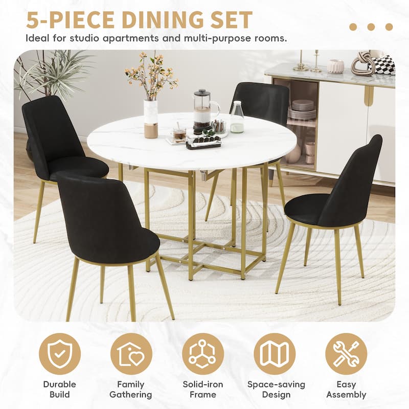 5-Piece Extendable Kitchen Dining Table Set- Round Faux Marble Top, 4 Upholstered Chairs, Compact Foldable Design