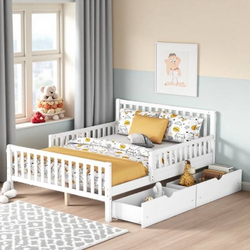 Full Size Wooden Platform Bed with Safety Guardrails and 2 Storage Drawers, Durable Pine Construction, Space-Saving Design - White