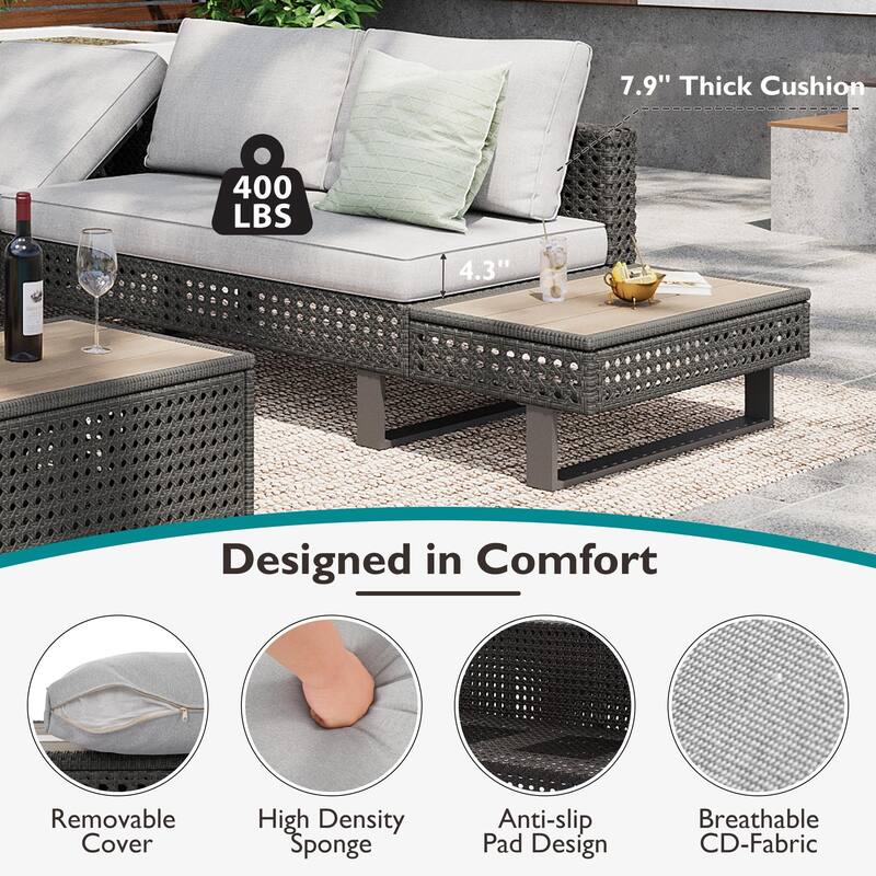 Outdoor 6-Piece Rattan Sectional Sofa Set with Adjustable Seat & Ice Bucket Table