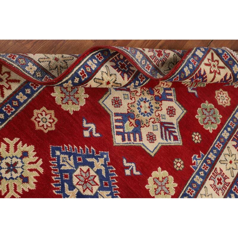 Red Geometric Kazak Oriental Foyer Rug Handmade Wool Carpet - 3'5" x 5'1"